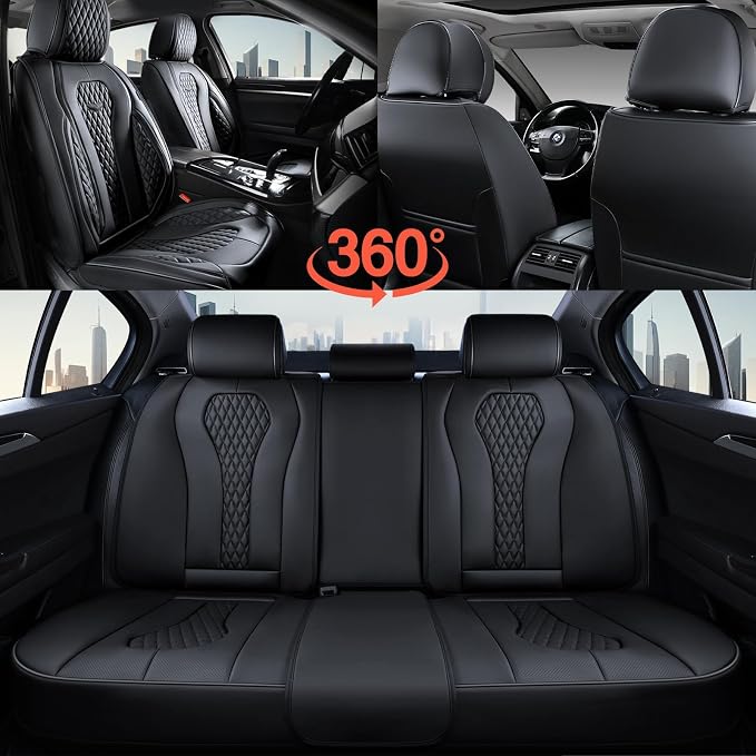 Coverado Seat Covers, Car Seat Covers Full Set, Black Car Seat Cover, Car Seat Covers Front Seats Back Seat Cover, Waterproof Car Seat Cushion, Leather Seat Covers Seat Protector Fit for Most Cars