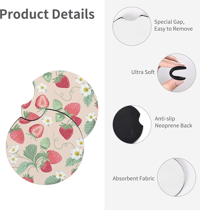 Strawberry Flowers 3-Pc Car Set : Steering Wheel Cover + 2 Pc Car Coasters | Cute neoprene Non-Slip Breathable Elasticity Universal for 14-15 Inch for Women