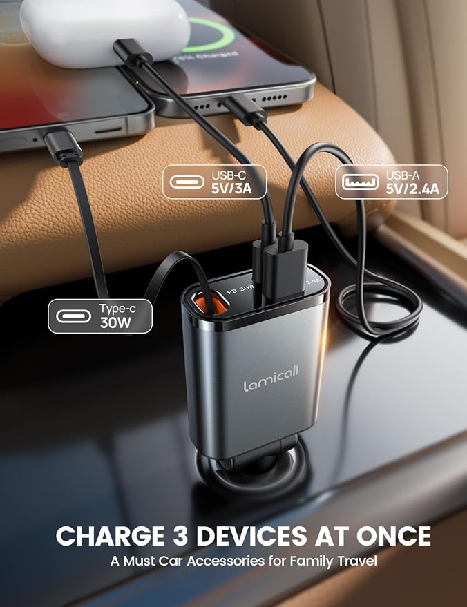 Car Charger USB C for iPhone 17 16 15 Fast Charging [60% More Compact] 57w Type C Retractable Car Charger Fit Samsung Galaxy S25 S24 Ultra Pixel Android, Car Accessories Gifts for Men Women