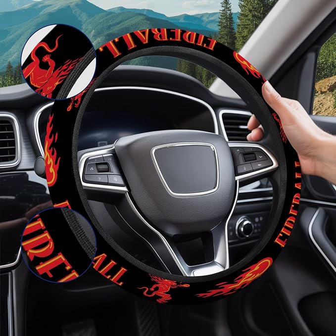 Black Red Flame Graphic Steering Wheel Cover, Non-Slip Polyester Wheel Grip, Universal 15 Inch Car Accessory