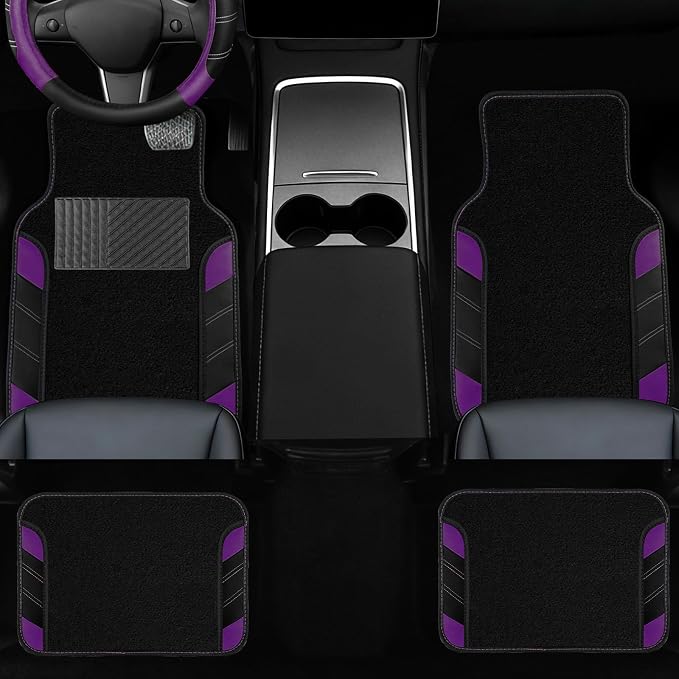 10 Pcs Car Floor Mats Full Set & Sport Leather Steering Wheel Cover 14.5-15 inch, Center Console Cover, Seat Belt Cushion, Cup Holder Coaster, Universal Automobile Interior Sets (Purple)