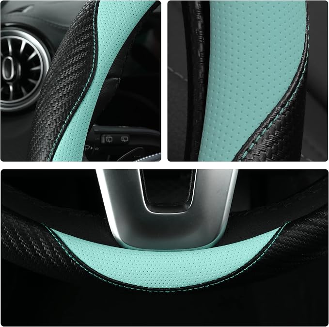 Car Steering Wheel Covers for Women Girl Padded Carbon Fiber PU Leather Cute Cartoon Auto Interior Accessories for Jeep, Truck, Universal, Anti Slip, Green, Large Size, 15.2-16in