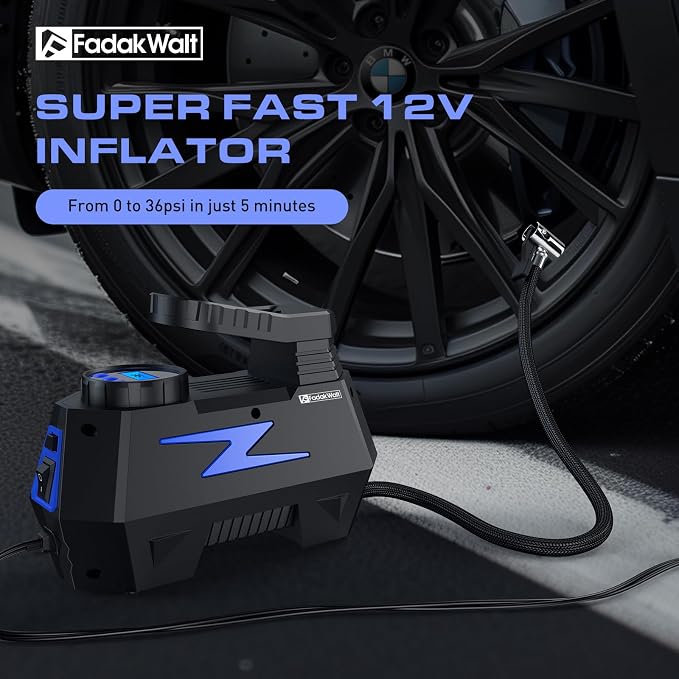 Tire Inflator Portable Air Compressor, 12V DC Car Air Pump with Auto Shutoff, 150 PSI Digital Gauge, LED Light, Metal Valve Connector, Accessories for Cars, Blue