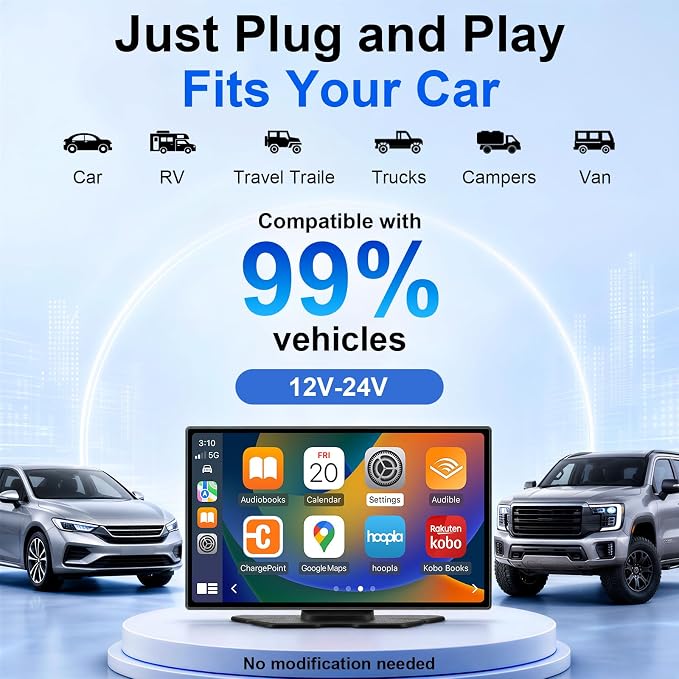 9" Wireless Apple CarPlay & Android Auto Car Screen with 4K Dash Cam, Portable Touchscreen Display with 1080p Backup Camera, GPS Navigation, Mirror Link, Bluetooth 5.0, FM Transmitter & Voice Control