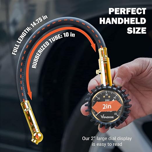 Tire Pressure Gauge with Tube (0-60 PSI), Air Pressure Gauge Certified ANSI Accurate with Large Easy to Read Glow Dial, Tire Pressure Gauge for Car Trucks Bicycle Tires