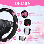 Embroidery Butterfly Steering Wheel Cover and Waterproof Car Floor Mats,Pink Car Mats 14.5-15inch Steering Wheel Covers Universal Fit for Cars, Suvs,Sedans,Van,for Women Girl(Black and Pink)