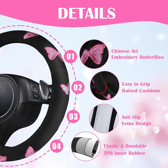 Embroidery Butterfly Steering Wheel Cover and Waterproof Car Floor Mats,Pink Car Mats 14.5-15inch Steering Wheel Covers Universal Fit for Cars, Suvs,Sedans,Van,for Women Girl(Black and Pink)