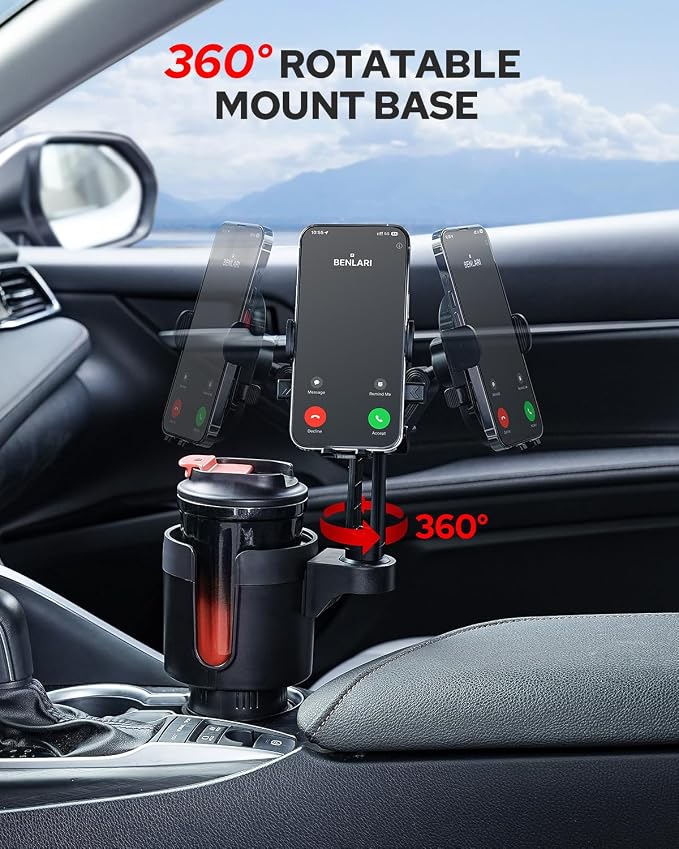 Upgraded Car Phone Holder - 2 in 1 Adjustable Cup Holder Expander Support 360° Degree Rotation - Car Cup Holder Phone Mount Compatible with All Smartphones