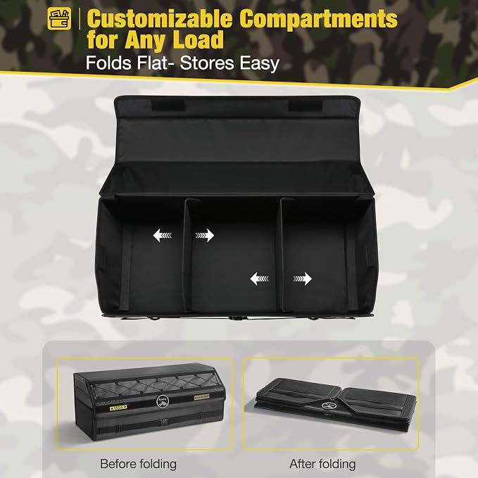 Car Trunk Organizer for SUV and Sedan, Tactical‑Black, 29.5 in | Tactical & Aerospace Oxford, Extra‑Large, Hinged Lid, Collapsible & Adjustable, Water‑Resist & Dust‑Proof