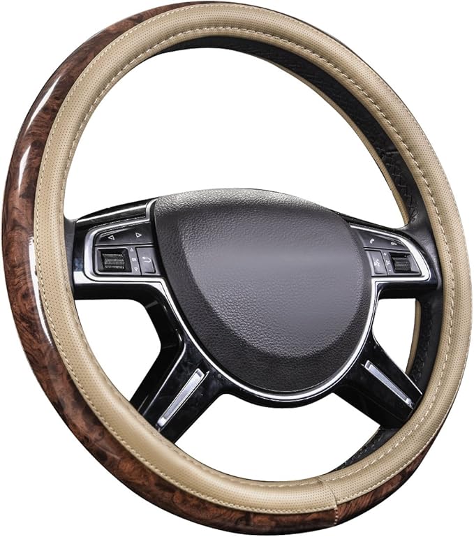 Wood Grain 14.5-15 inch Microfiber Leather Steering Wheel Cover, Anti-Slip Veins Design Steering Wheel Universal Fit for Most Cars, Sedans, SUV， Beige