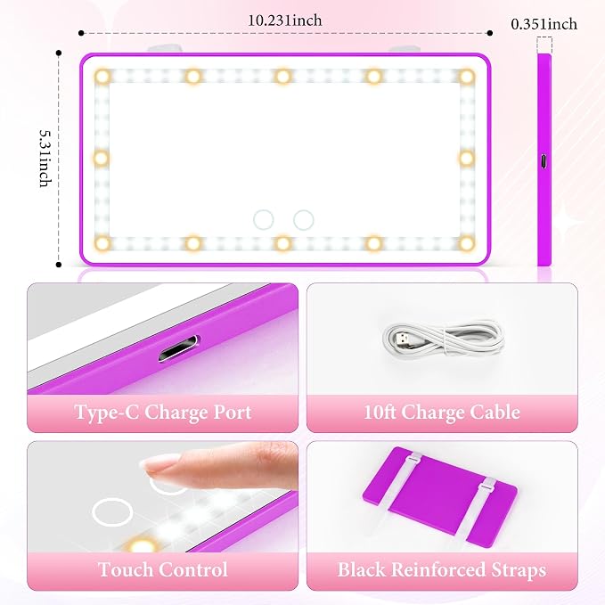 Car Sun Visor Vanity Mirror - Rechargeable Makeup Mirror with 60 LEDs, 3 Light Modes & Dimmable Touch Control for Cars, Trucks, SUVs, Car Interior Accessories for Women (Purple)