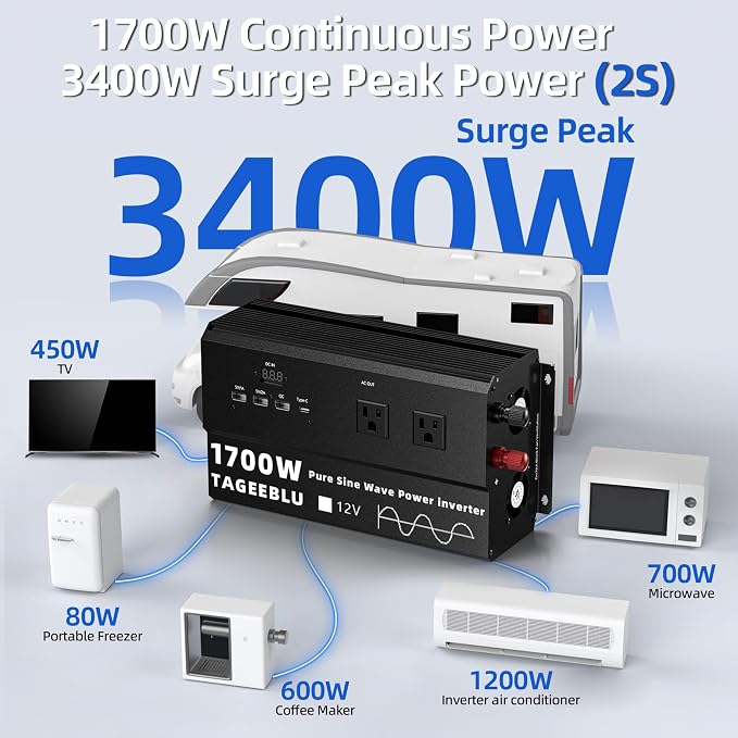 1700W Pure Sine Wave Power Inverter 12V DC to 110V 120V AC for Solar, Truck | Inverter for Car with 4 AC Outlets & 4 USB (30W QC & PD), LCD Display, 3400W Peak, Car Converter for RV Home Off-Grid Camping