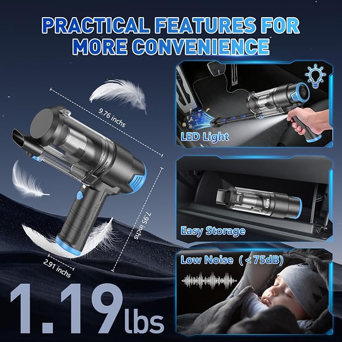 Handheld Car Vacuum Cleaner, 16000PA Air Duster & Vacuum Cleaner, 120W High Power Hand Held Vacuum Cordless, Portable Vacuum Rechargeable with Multi-Nozzles & LED Light for Car, Home, Pet, Office