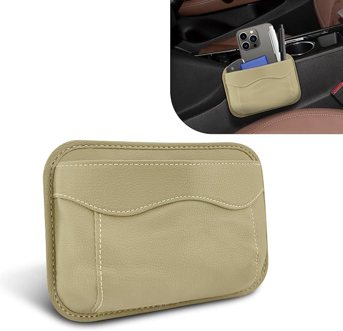 Car Seat Side Pocket Organizer, PU Leather Car Seat Gap Filler Bag, Car Seat Pocket Storage Bag for Phone, Keys, Sunglass, Wallet, Car Organizer Accessories for Seat, Door, Window (Beige)