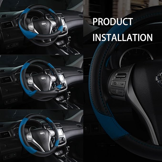 Leather Car Steering Wheel Cover, Non-Slip Car Wheel Cover Protector Breathable Microfiber Leather Universal Fit for Most Cars (Blue-2)