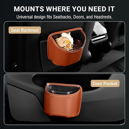 Car Trash Can with Removable Leakproof Liner – Clip On Trash Bin for Seat Back, Door Pocket & Headrest – Sturdy PU Leather Garbage Can Organizer for Luxury Cars, SUV, Truck & Sedan