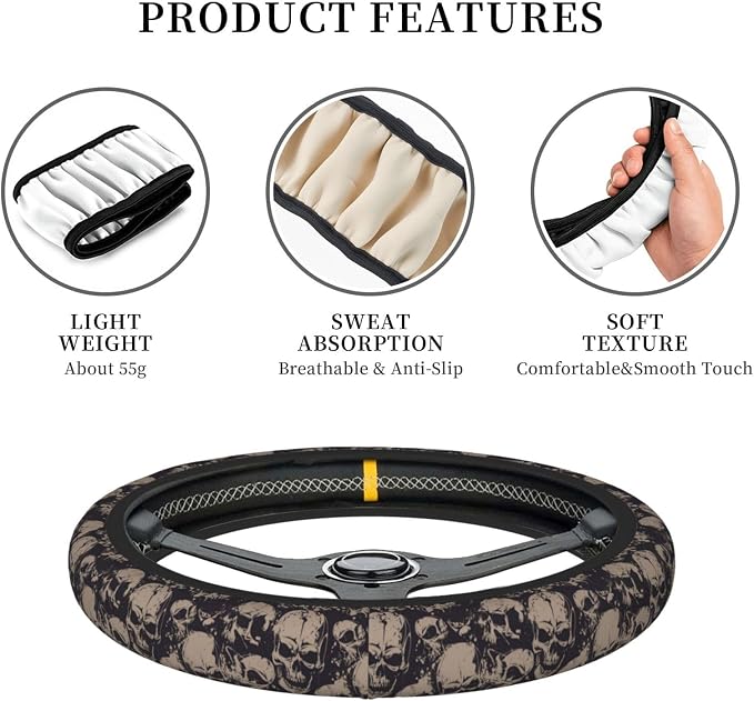 Elastic Skulls Halloween Car Steering Wheel Cover Protector Thicken,Grunge Spooky Horror Black,Anti Slip Stretchy Soft Car Accessories for Diverse Cars Truck SUV for Men Women Universal 15 Inch