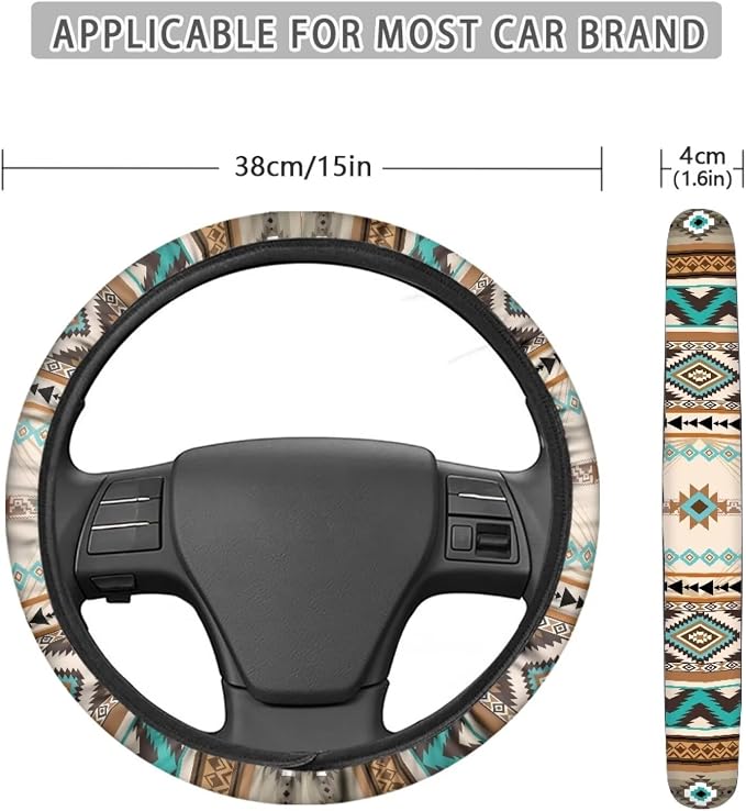 Southwest Aztec Beige Blue Car Steering Wheel Cover Universal 15 Inch Auto Accessories Car Interior Decoration for Women Men Fit SUV Sedans Vans Trucks