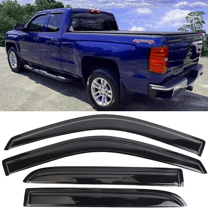 Window Visors Rain Guards Side Wind Deflectors Vent Guard Shade for Chevrolet Silverado & GMC Sierra 1500 2500HD 3500HD Crew Cab Sun 2014-2018 94536 4-Pieces Set