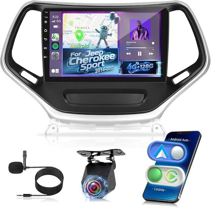 4+128G Android Car Stereo for Jeep Cherokee Sport 2014 2015 2016 2017 with Wireless Carplay/Android Auto - 10 Inch HD Touchscreen Radio with EQ/5GHz WiFi/GPS/SWC + AHD Rear View Camera