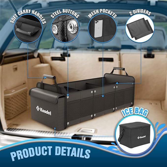 K KNODEL Extra Large Trunk Organizer With Cooler Bag, 3 Compartments Car Organizer, Heavy Duty SUV Trunk Organizer with 2 Adjustable Securing Straps (4-in-1, Black)