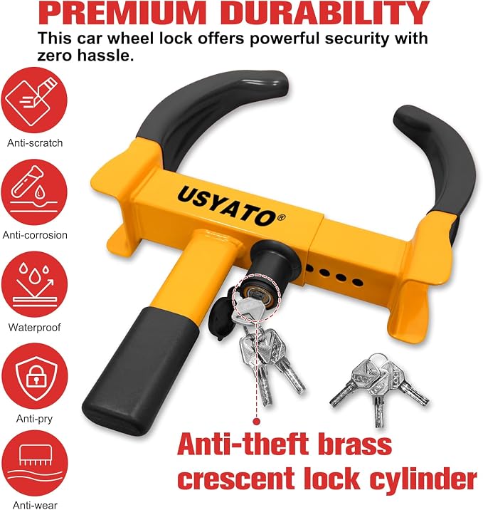 2Pcs Universal Heavy Duty Wheel Lock-Anti Theft Trailer Lock & Car Boot, Adjustable Security Tire 11.4" for Trailers, Cars, Golf Cart, ATV, SUV, RV, Boat, Camper, Motorcycle,6 Keys,Yellow+Black