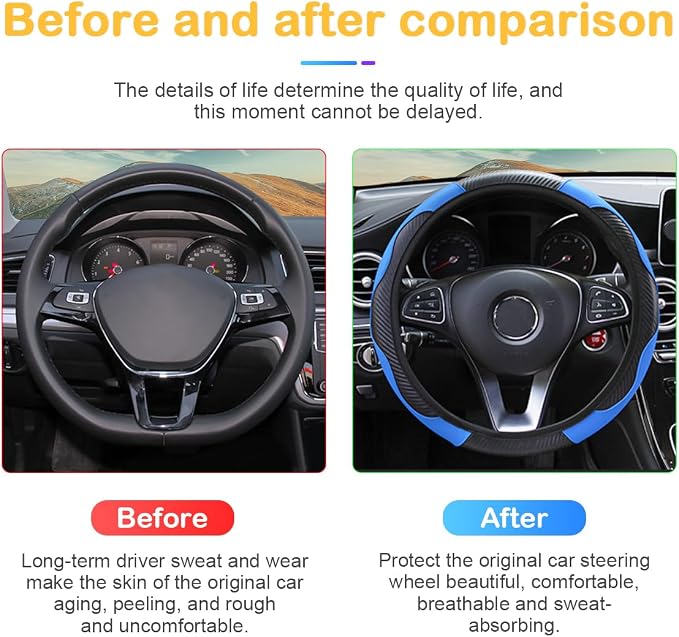 Car Steering Wheel Cover, 15 inch Carbon Fiber Microfiber PU Leather Elastic Steering Wheel Protector for Men Women, Anti-Slip Breathable Car Interior Accessories for Most Cars (Blue)