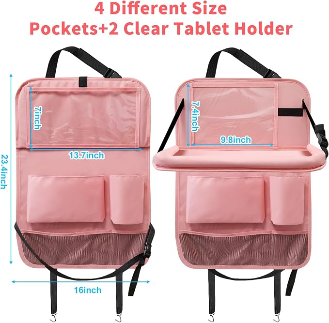 Car Backseat Organizer with Tray, Seat Back Table Holder with 6 Storage Pockets, Car Seat Back Protectors Kick Mats Travel Accessories, 2 Pack Pink