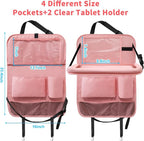 Car Backseat Organizer with Tray, Seat Back Table Holder with 6 Storage Pockets, Car Seat Back Protectors Kick Mats Travel Accessories, 2 Pack Pink
