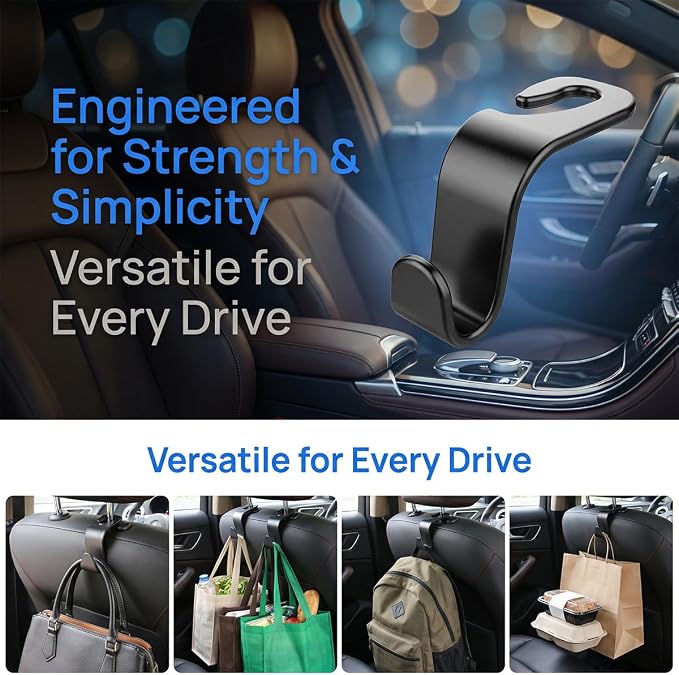Car Seat Headrest Hook, 4PCS Vehicle Seat Back Hanger Storage Organizer for Purse Bag Coat, Auto Interior Hanging Holder Organization Accessories, Universal for SUV Sedan Truck (Glossy Black)