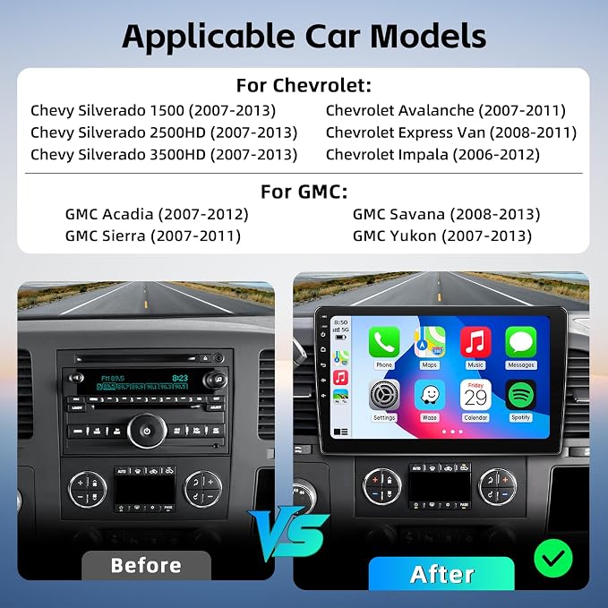 Car Stereo Radio Upgrade for Chevy Silverado 2007-2013 Tahoe GMC Sierra Yukon Replacement Android 15 Head Unit with 10 Inch Touch Screen CarPlay Android Auto Backup Camera(2+64G)