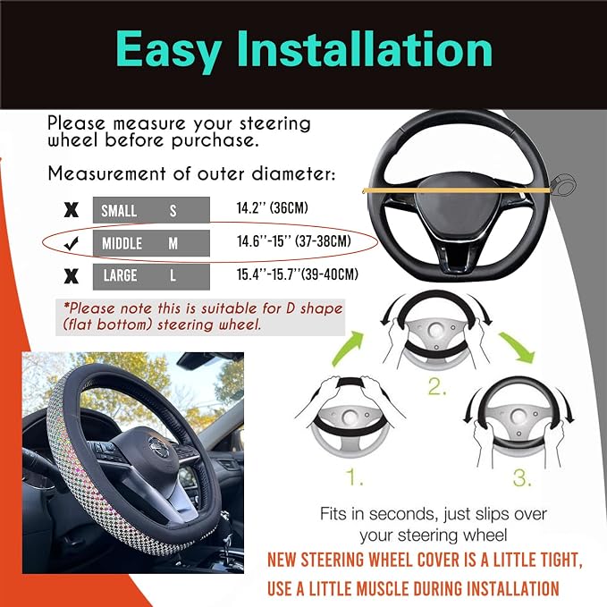 D Shaped Bling Comfy Steering Wheel Cover with Jumbo Crystal Rhinestones, Anti-Slip Diamond Leather, Flat Bottom 14.5-15 Inch (Colorful)
