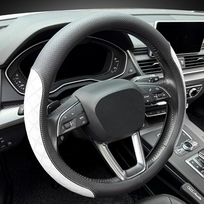 Nappa Leather Steering Wheel Cover, Elegant Diamond Checkered Design, Non-Slip wear-Resistant, Enhance Driving Comfort, Suitable for Steering Wheel Diameter 14 1/2‘-15’ Models.Black White