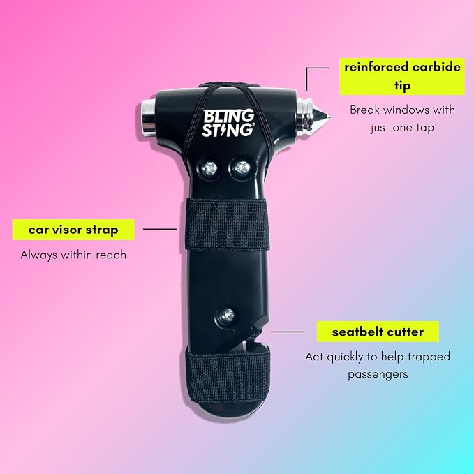 Safety Hammer - Emergency Automotive Escape Tool with Window Breaker, Seat Belt Cutter & Adjustable Car Visor Strap - Tempered Glass Breaker - Steel Blade - Black (1 Count)