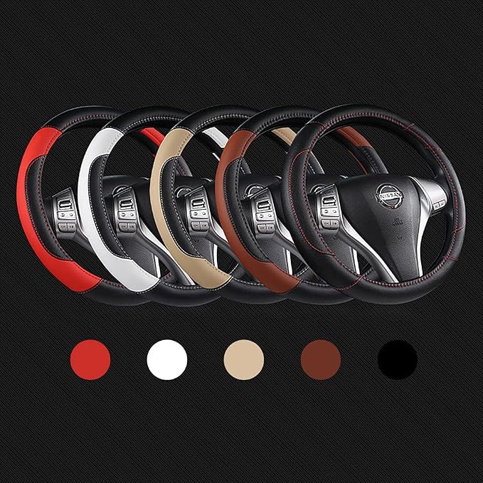 Leather Car Steering Wheel Cover, Non-Slip Car Wheel Cover Protector Breathable Microfiber Leather Universal Fit for Most Cars(White)