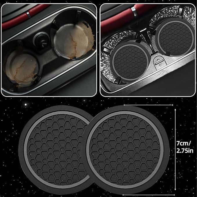 6 Pcs Grey Car Accessories Set, Sport Leather Steering Wheel Cover 14.5-15inch Universal, Microfiber Leather Car Center Console Cover, Seat Belt Cushion, Cup Holder Coaster (Black-Grey)