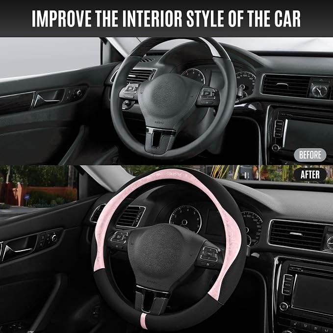 Steering Wheel Cover, Pink Patterned & Black Leather Patchwork Design, Universal Fit 14.5"–15.5", Anti-Slip, Odor-Free, Soft PU Grain Leather, Durable Grip Car Accessory for Girls & Women