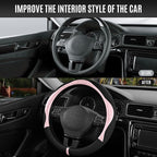 Steering Wheel Cover, Pink Patterned & Black Leather Patchwork Design, Universal Fit 14.5"–15.5", Anti-Slip, Odor-Free, Soft PU Grain Leather, Durable Grip Car Accessory for Girls & Women