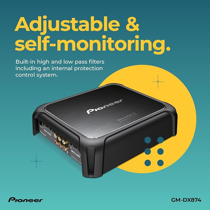 GM-DX874 1,200 Watts Class D Powerhouse Amplifier, 4-Channel Amp, Variable Low-Pass Filter, Compact Design, and Remote Bass Boost Control