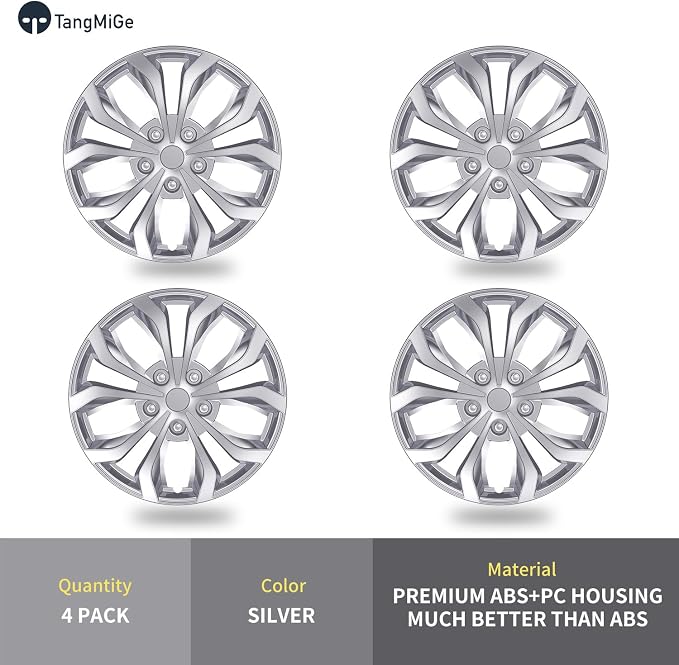 4-Pack Universal Hubcaps Wheel Covers Replacement R16, Steel Wheel Rim Cover for Most Cars Trucks Sedans SUV, 16" 16 in Hub Caps (Silver Color, 16 inch)