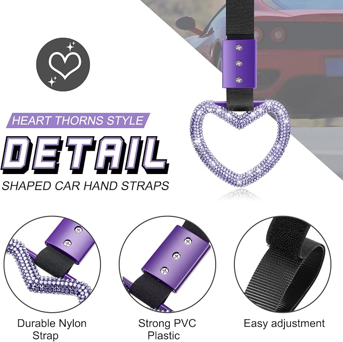 Bling Car Accessories Bling Heart Handle Ring Car Accessory for Women Hearts Strap Drift Charm Rear Bumper Warning Ring Decoration for Auto Bus Interior Exterior (Light Purple,Heart Style)