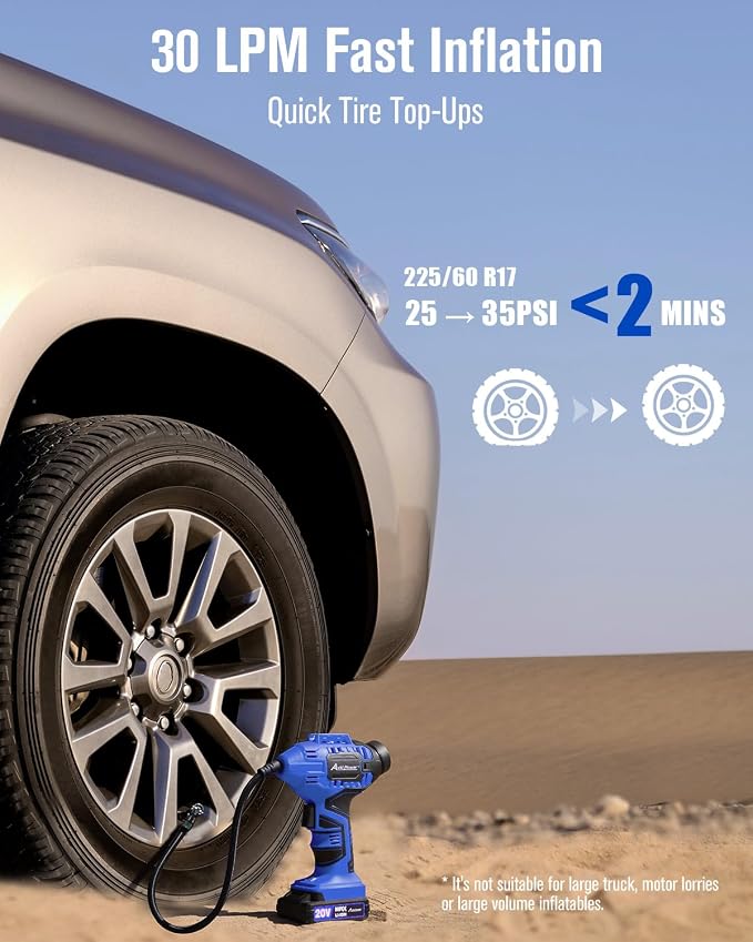 Cordless Tire Inflator Portable Air Compressor, 20V Rechargeable Battery Tire Pump w/ 12V DC Power Adapter, Digital Pressure Gauge, Auto Air Pump for Many Inflatables (Blue)