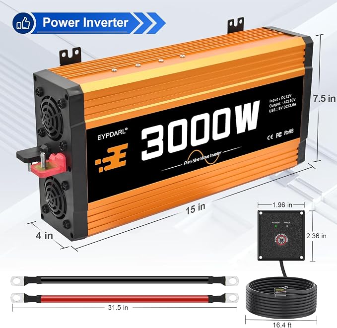 3000 watt Power Inverter Pure sine Wave 3000W 12v to 110v for car Vehicles Truck Camping Solar Panel Power Converter with Clamps and Remote car Power inverters 3000W