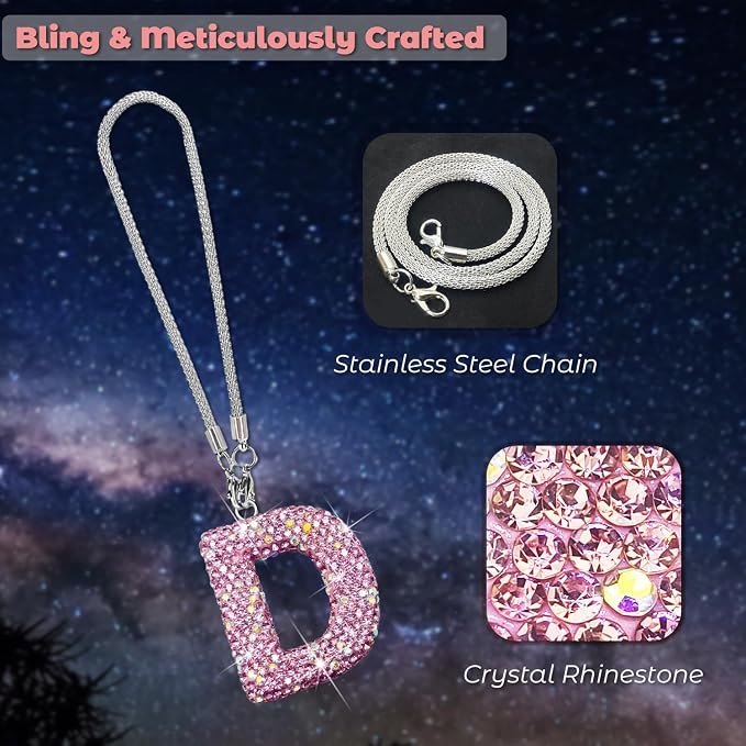 Bling Pink Car Accessories for Women Letter Charm, Rainbow Color Rear View Mirror Cute Crystal Pendant Car Decorations, Lucky Gifts Diamond Rhinestone Charm Letter D