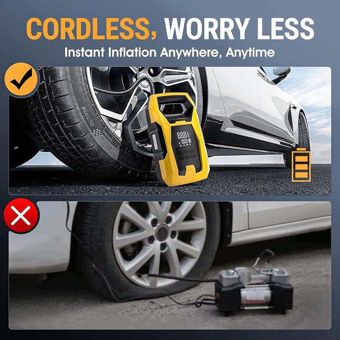 Cordless Tire Inflator Portable Air Compressor, 150 PSI Portable Air Pump for Car Tires with Digital Dual Values Display, Tire Pump for Car, Bike, Motorcycle, Ball (with 7800mAh Battery)