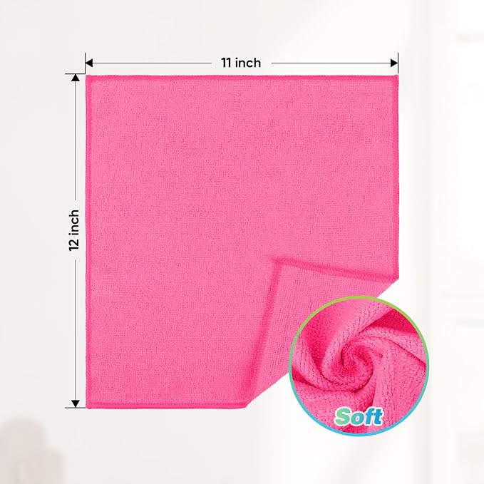 Pink Microfiber Cleaning Cloth, 24 Pack Absorbent Cleaning Rags, Lint-Free, Streak-Free Cleaning Towels for Car Kitchen House, 12"X11"