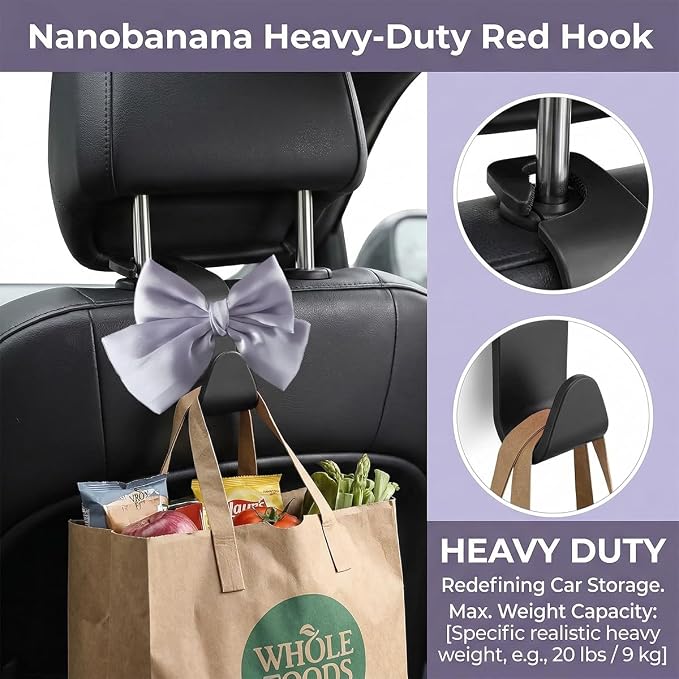 2PCS Car Seat Headrest Hook, Cute Bow Stylish Seat Back Purse Handbag Hanger Organizer, Multi-Purpose Auto Backseat Storage Hook Holder for Umbrella Coat Bag, Universal Fit (Purple)