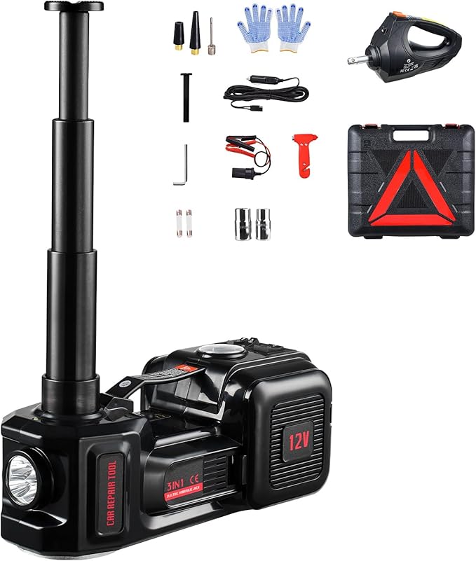 Electric Car Jack, 5 Tons /11000 lbs, Scissor Jack with Built-in Inflator, 12V Tire Change Replacement with Impact Wrench & LED Light, Portable Jack kit for Sedan, SUV, Truck