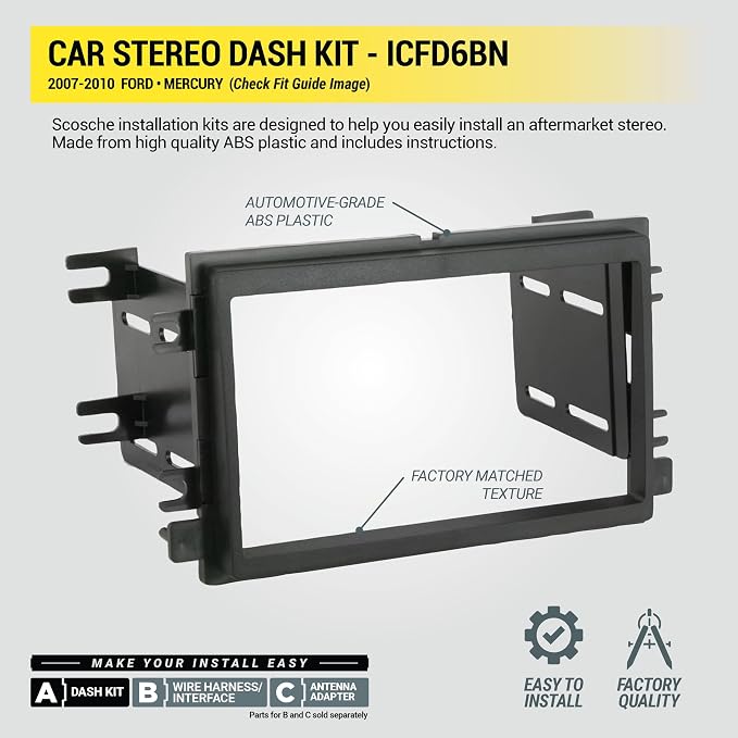 ICFD6BN Double DIN Radio Installation Dash Kit Compatible with Select 2007-2010 Ford and Mercury Vehicles - Complete Basic Aftermarket Car Stereo Install Kit - See Fit Guide Image for Vehicles
