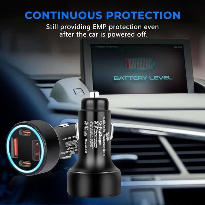 EMP Vehicle Protection, Protector Comes with 2 USB and 2 PD Interfaces, Lightning, Solar Flare and Surge Protection, Suitable for 12-Volt DC in Cars and Trucks